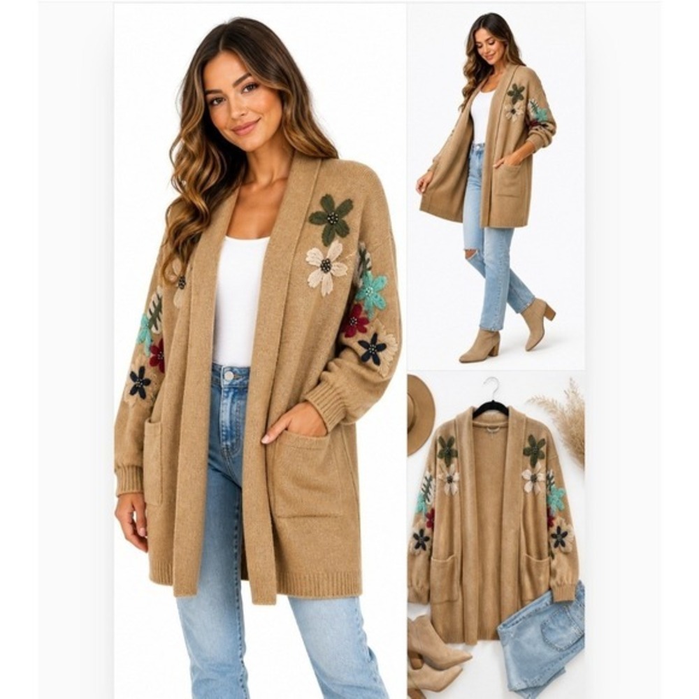 Simply Couture Long Line Floral Embodery  Bohemine Cardigan Tan Medium Large